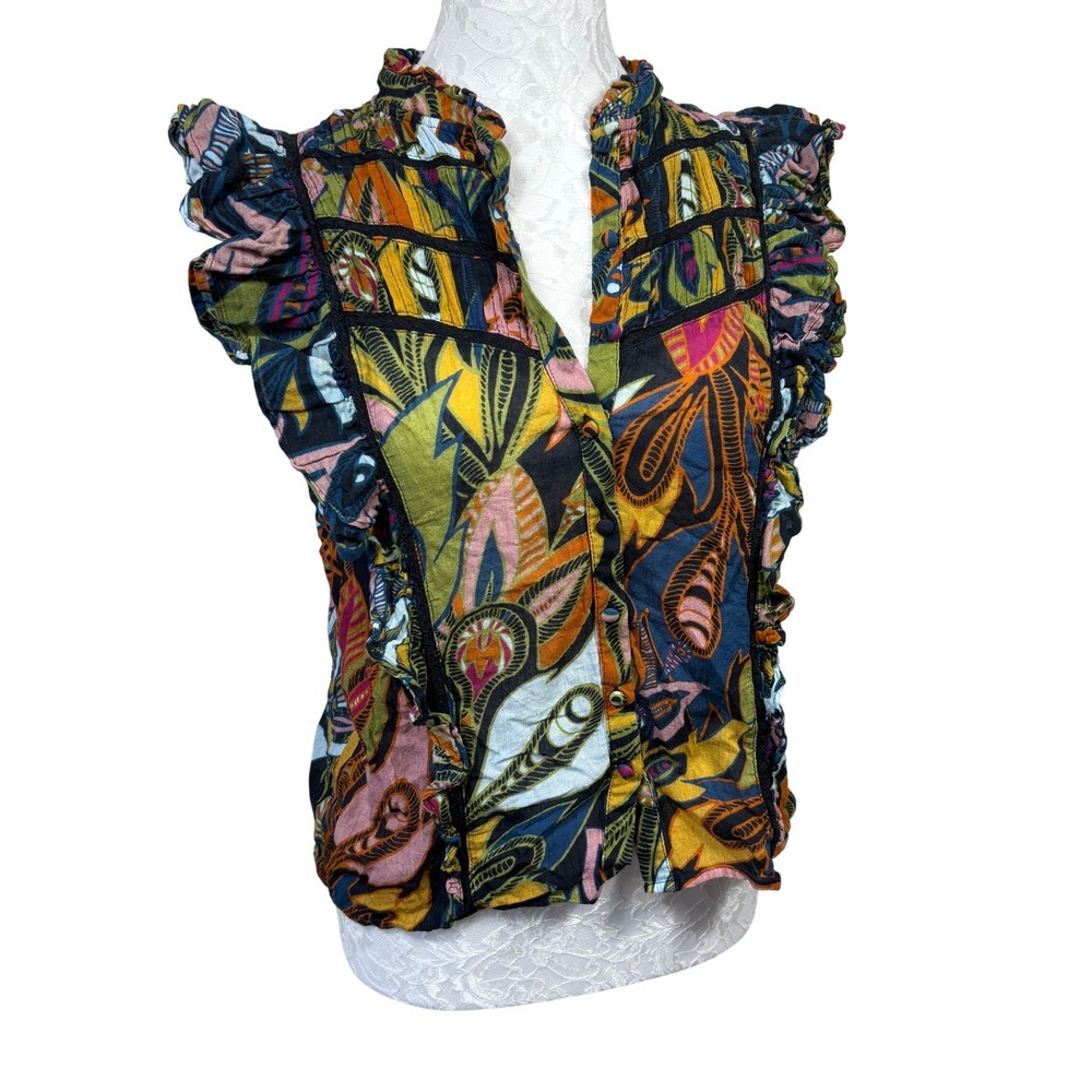 Allison New York Multicolor Ruffle Sleeve Abstract Button Up Top Blouse Womens M - Picture 4 of 9